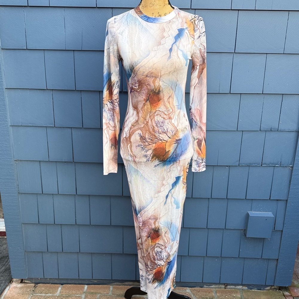 Fashion Nova Artistic Long Sleeve Dress mesh tan blue